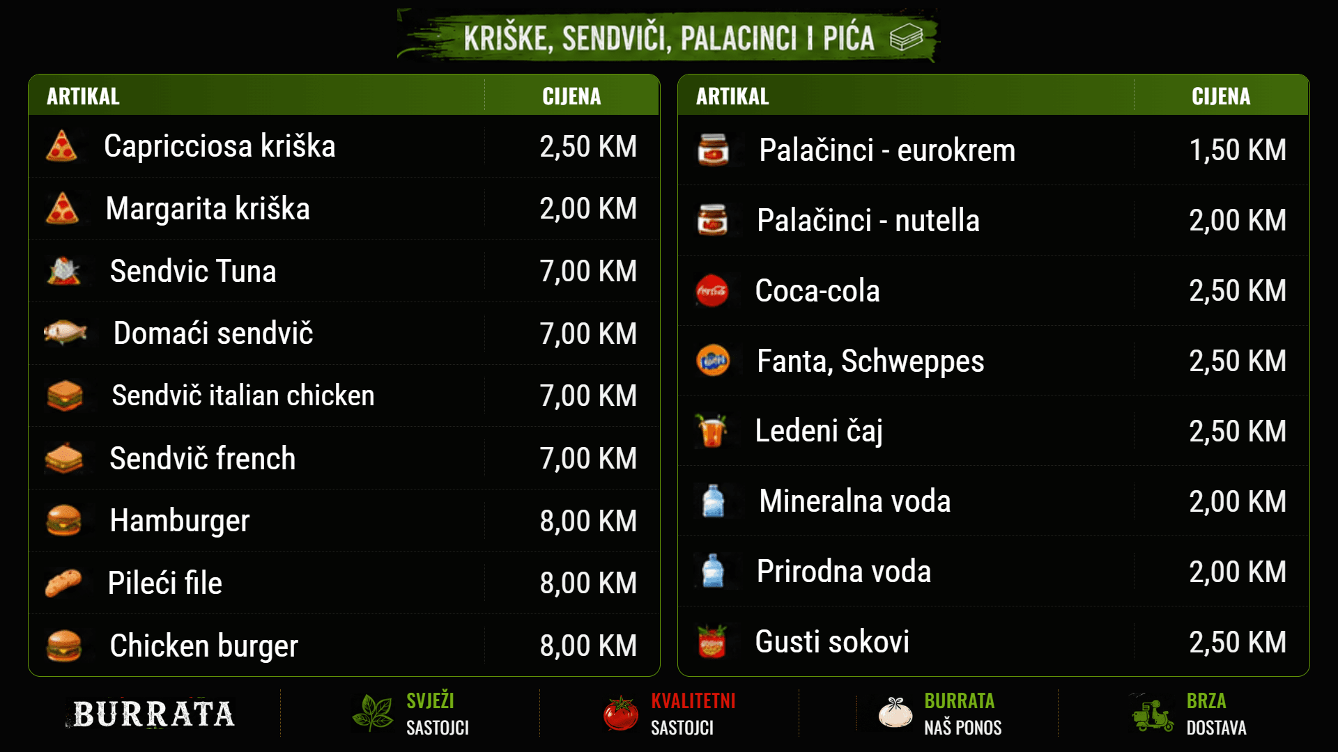 Kriške, sendviči, palačinci i pića — cjenovnik s naše table